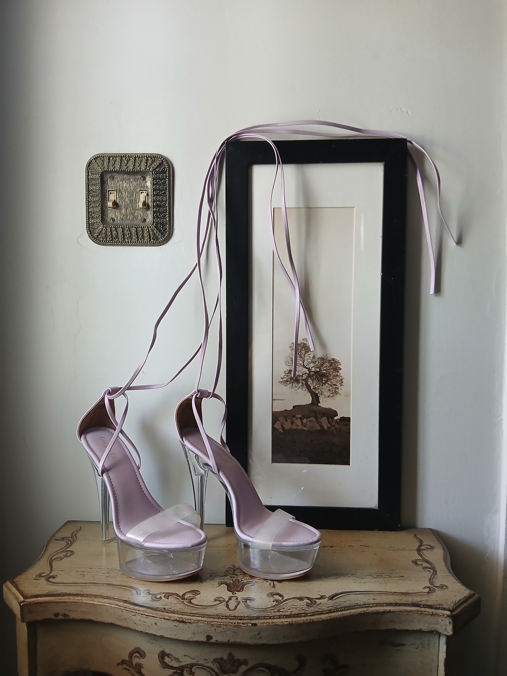 Chase + Chloe Lilac Lace-Up Platform Heels with Clear Platform